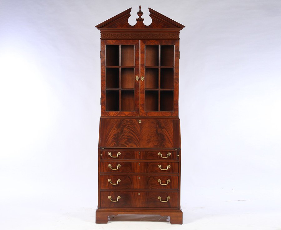 MAHOGANY SECRETARY DESK CHINESE CHIPPENDALE COUNCILL: A mahogany and crotch mahogany secretary desk in the Chinese Chippendale taste. Labeled Councill. Dimensions: Ht: 87" Width: 36" Depth: 20"