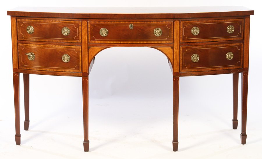 HEPPLEWHITE MAHOGANY BANDED INLAID SIDEBOARD: A Hepplewhite style mahogany banded and inlaid sideboard. Dimensions: Ht: 38" Width: 67" Depth: 26"