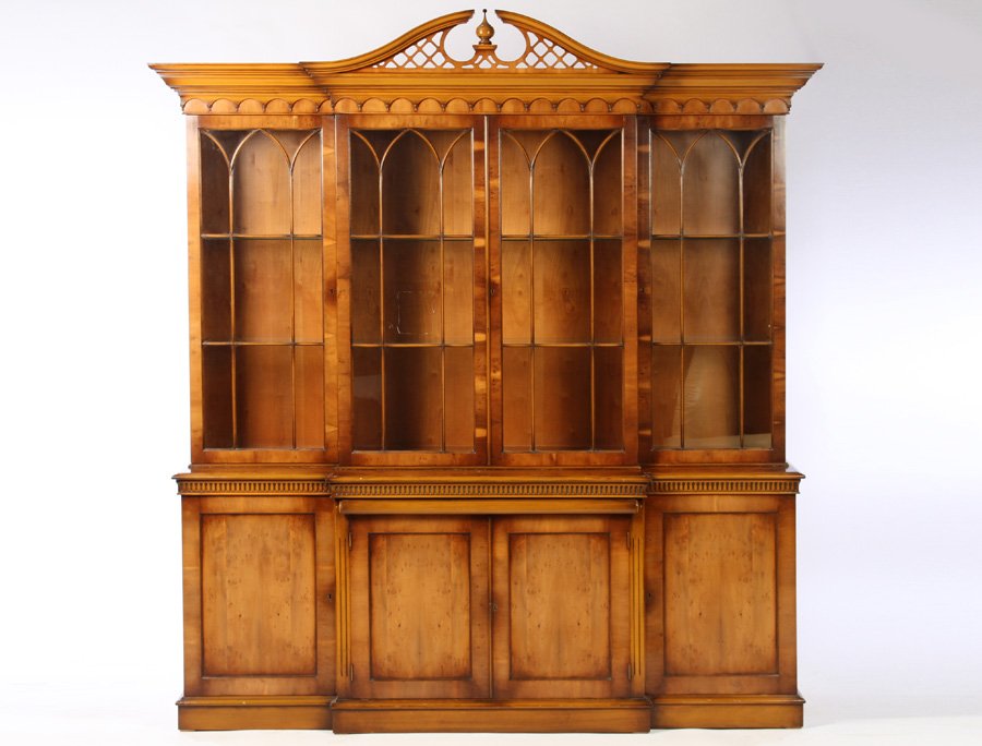 YEW WOOD CHIPPENDALE STYLE BREAKFRONT BOOKCASE (1 of 5)