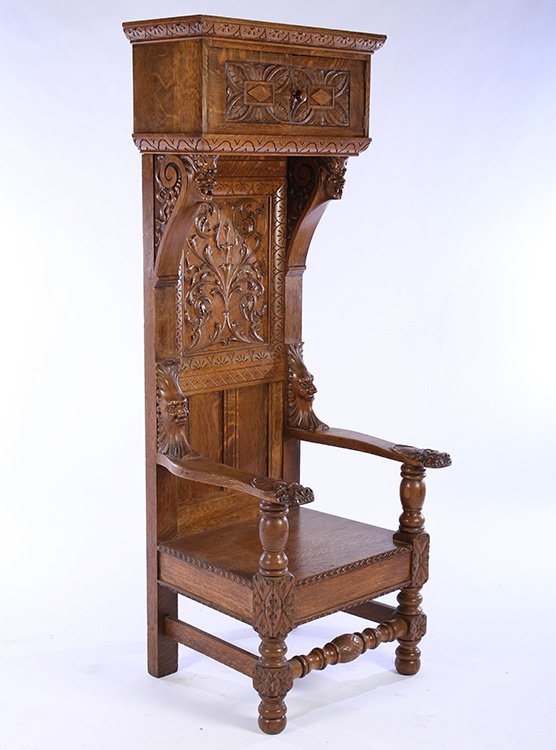 CARVED OAK HALL STAND W/ HAT TOP GROTESQUE FACES (1 of 9)