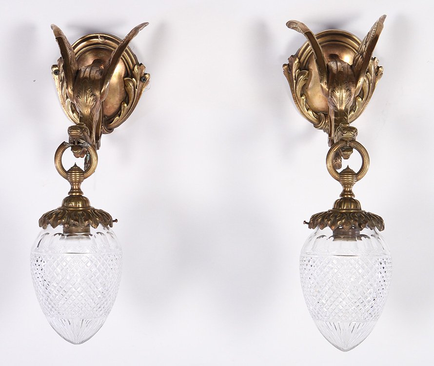 PAIR HEAVY CAST BRONZE BIRD SCONCES C.1910 (1 of 6)