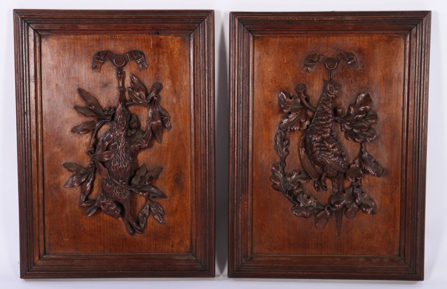 PAIR LATE 19TH C. CARVED OAK PLAQUES FISH FOWL (1 of 7)