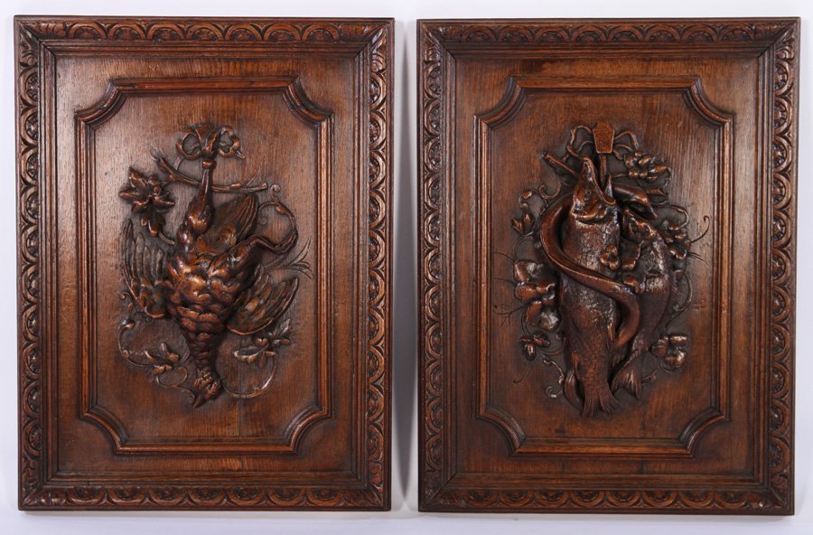 PAIR LATE 19TH C. CARVED OAK PLAQUES FISH FOWL (1 of 7)