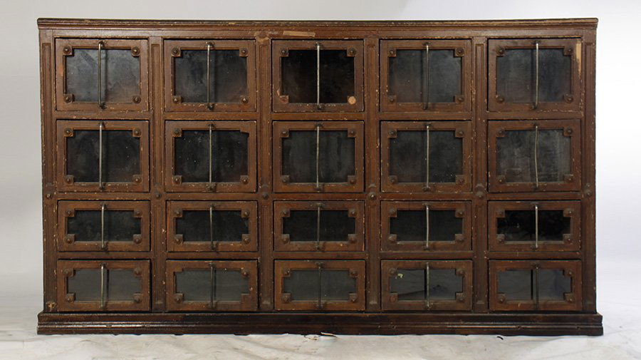 LATE 19TH C. MULTI DRAWER CABINET GLASS FRONT (1 of 4)