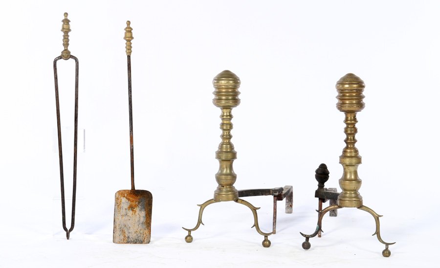 PAIR FEDERAL STYLE BRASS ANDIRONS 2 TOOLS (1 of 4)