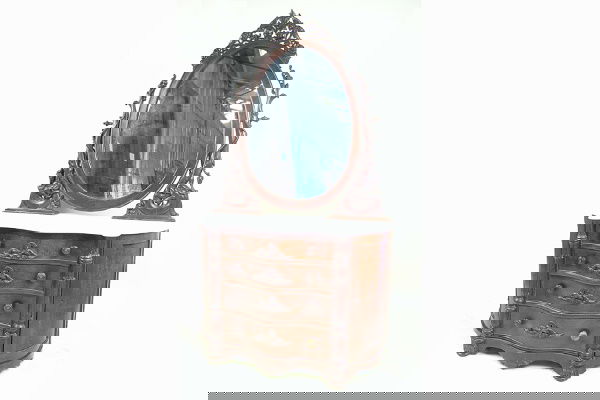 BELTER STYLE MAHOGANY AND CROTCH MAHOGANY DRESSER W/MIR: BELTER STYLE MAHOGANY AND CROTCH MAHOGANY MARBLE TOP DRESSER WITH MIRROR. Both the mirror and the harps having carved griffins. The curved doors opening to reveal 2 shelves. The case signed under the