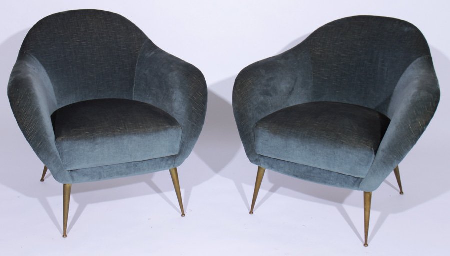 PAIR ITALIAN UPHOLSTERED CLUB CHAIRS BRONZE LEGS 1950 (1 of 3)