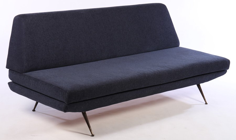 ARMLESS UPHOLSTERED ITALIAN SOFA BRONZE LEGS 1950 (1 of 3)