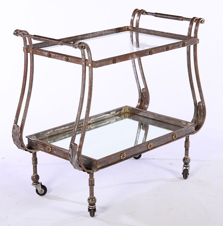 FRENCH WROUGHT IRON SERVING CART GLASS TOP C.1950 (1 of 4)