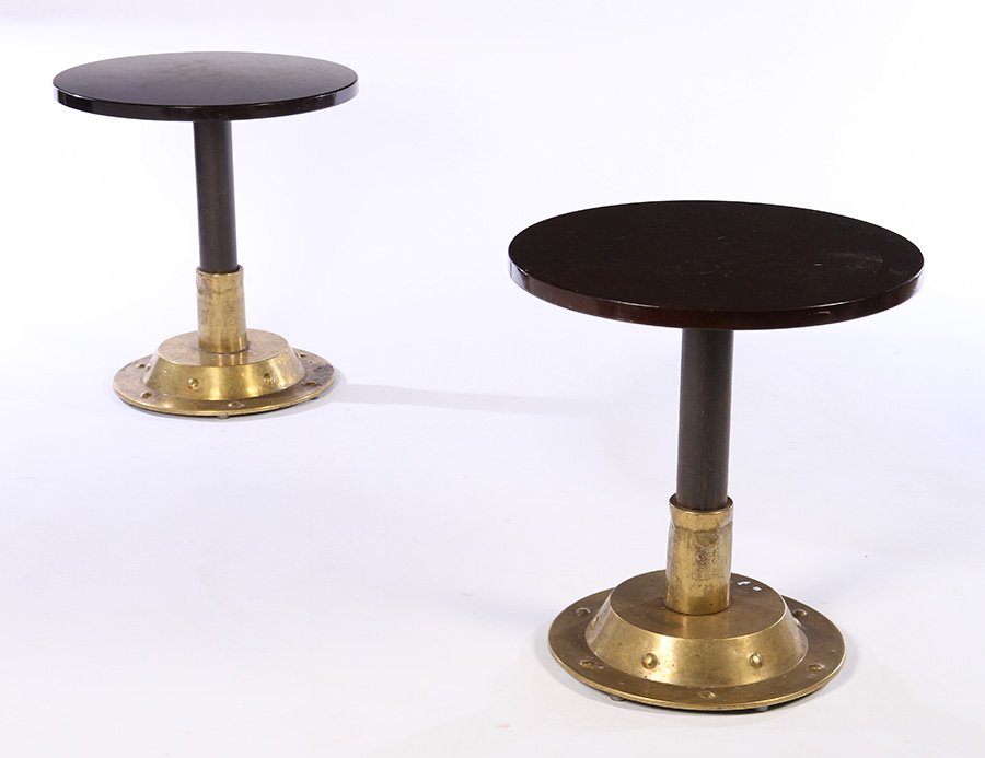 PAIR FRENCH TABLES FROM ST. GERMAIN PUB LACQUERED: A good pair of lacquered top pub tables from the famous Le Pub St Germain in Paris France circa 1940. Having lacquered top supported on central post and bronze base with incise decorated collar. Ht: 2