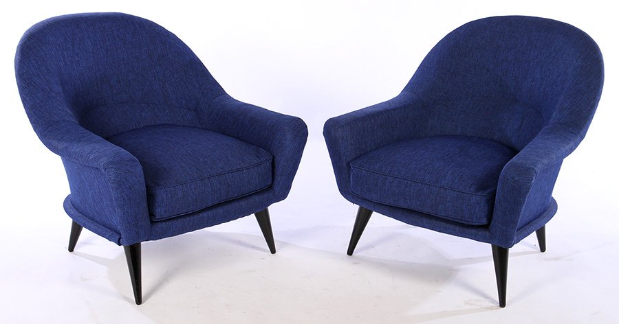PR FRENCH RESTORED CLUB CHAIRS CHARLES RAMOS 1950: A pair of French restored club chairs by Charles Ramos circa 1950. Having cantilevered arms and ebonized turned and tapered legs. Ht: 32" Width: 30.5" Depth: 28"