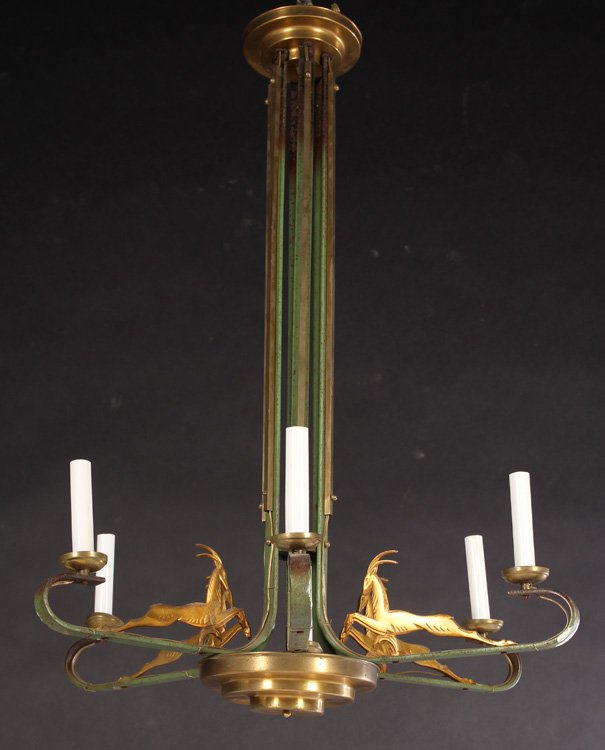 ART DECO WROUGHT IRON CHANDELIER 6 ARM IMPALA DECORATED (1 of 4)