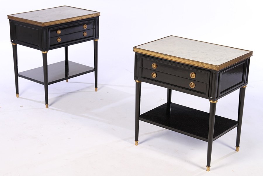 PAIR JANSEN EBONIZED END TABLES MARBLE 1950 (1 of 7)