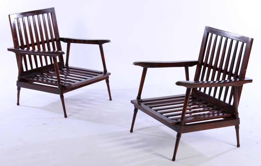 PAIR MID CENTURY SLAT BACK OPEN ARM CHAIRS C.1960 (1 of 3)