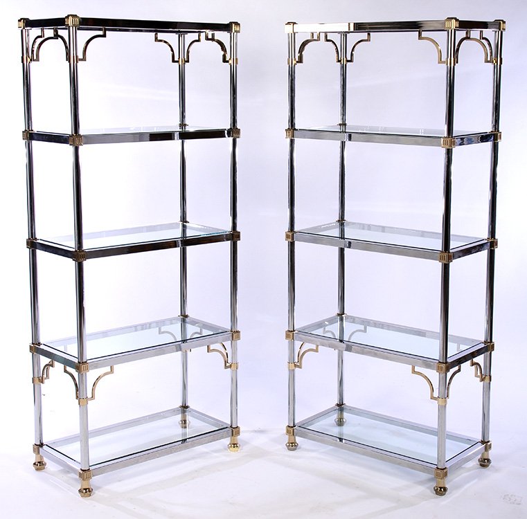 PAIR CHROME ETAGERES BRASS TRIM CIRCA 1970 (1 of 5)