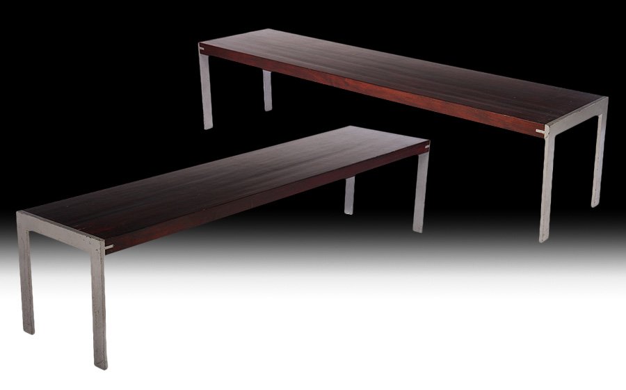 PR MID CENTURY MODERN WOOD & STEEL MUSEUM BENCHES (1 of 6)