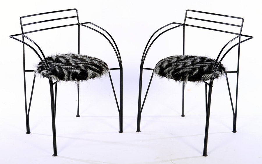 PAIR PASCAL MOURGUE WROUGHT IRON CHAIRS: A pair of Pascal Mourgue wrought iron chairs with feather form upholstered seats. Ht: 29" Width: 24" Depth: 19"