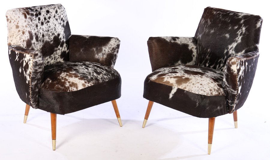 PAIR ITALIAN MID CENTURY COW HIDE CLUB CHAIRS 1950 (1 of 6)