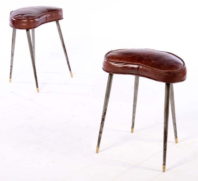 PAIR MID CENTURY IRON BRONZE LEATHER STOOLS 1960 (1 of 5)