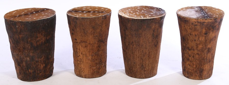 FOUR ASPEN SKI HOUSE RUSTIC STOOLS DEER SKIN SEAT (1 of 4)