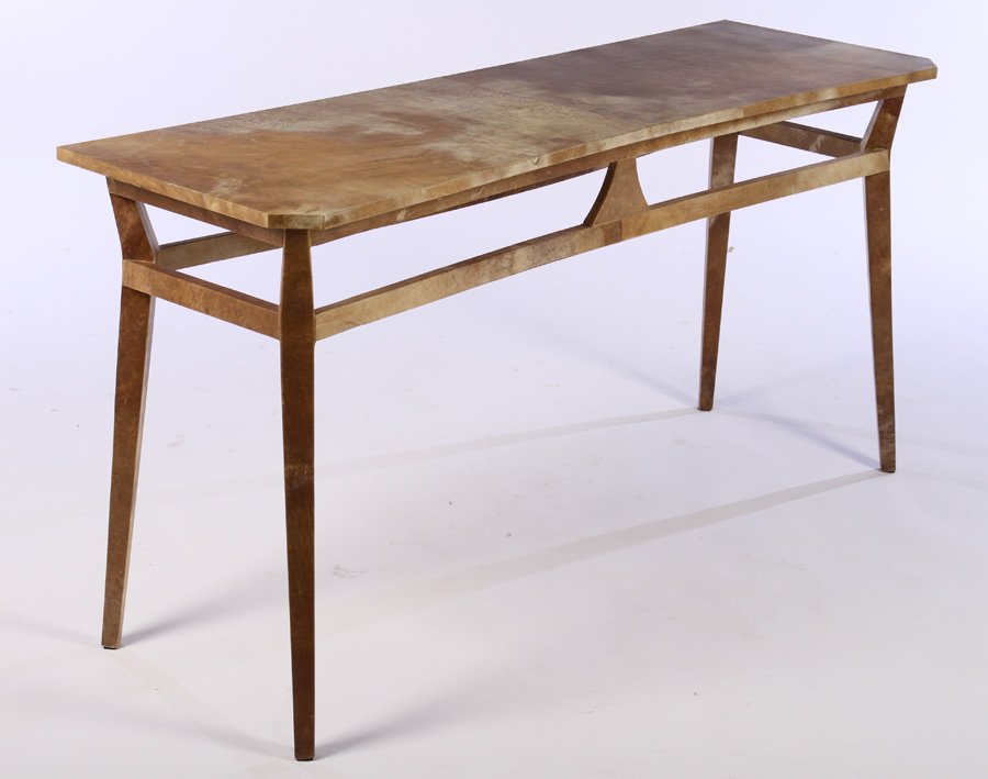 PARCHMENT COVERED CONSOLE TABLE SHAPED TOP (1 of 5)