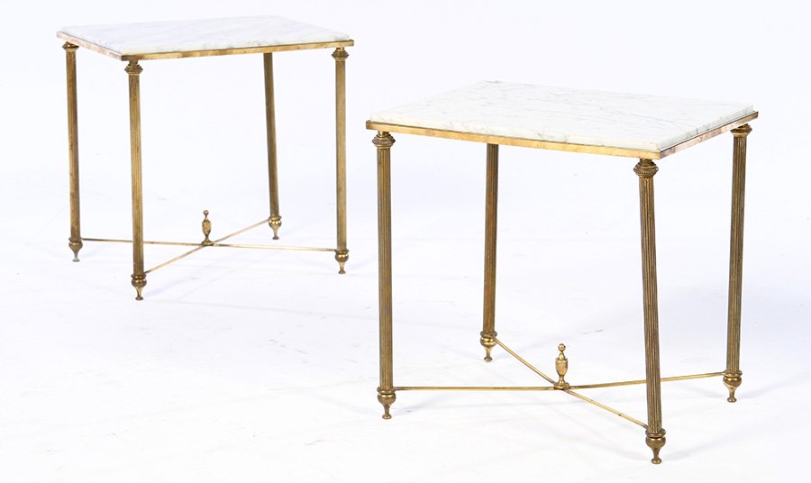 PAIR BRONZE SIDE TABLES MARBLE TOPS 1970 (1 of 4)