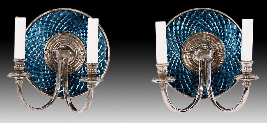 PAIR NICKELED BRONZE COLORED GLASS SCONCES (1 of 6)