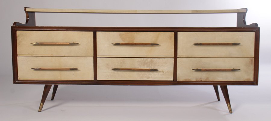 MID CENTURY MODERN 2-TIER PARCHMENT COMMODE 1960 (1 of 7)