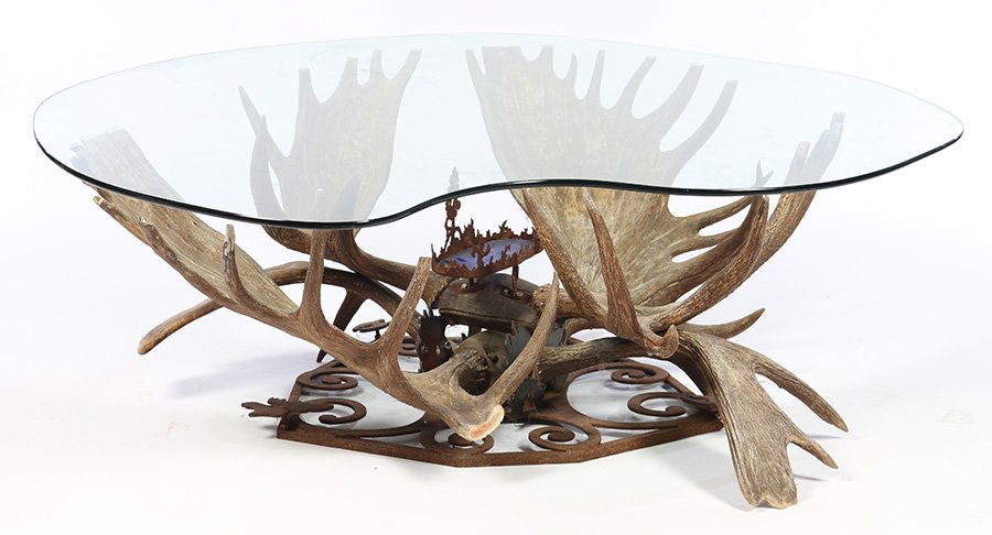 MOOSE ANTLER COFFEE TABLE GLASS TOP WROUGHT BASE (1 of 4)