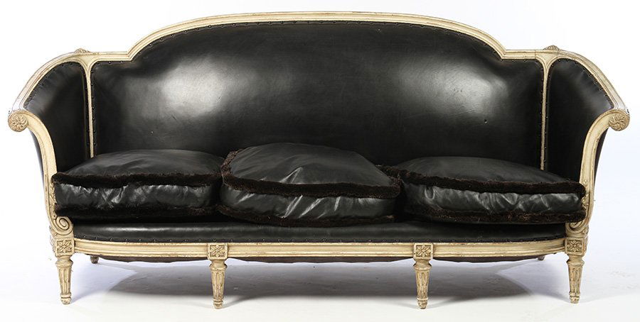 PAINTED LEATHER SOFA LOUIS 16 3 CUSHIONS 1920 (1 of 4)