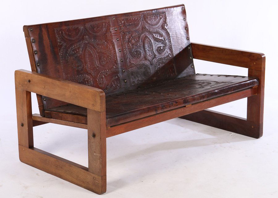 BRAZILIAN TOOLED LEATHER SETTEE NAILHEAD FRAME (1 of 5)