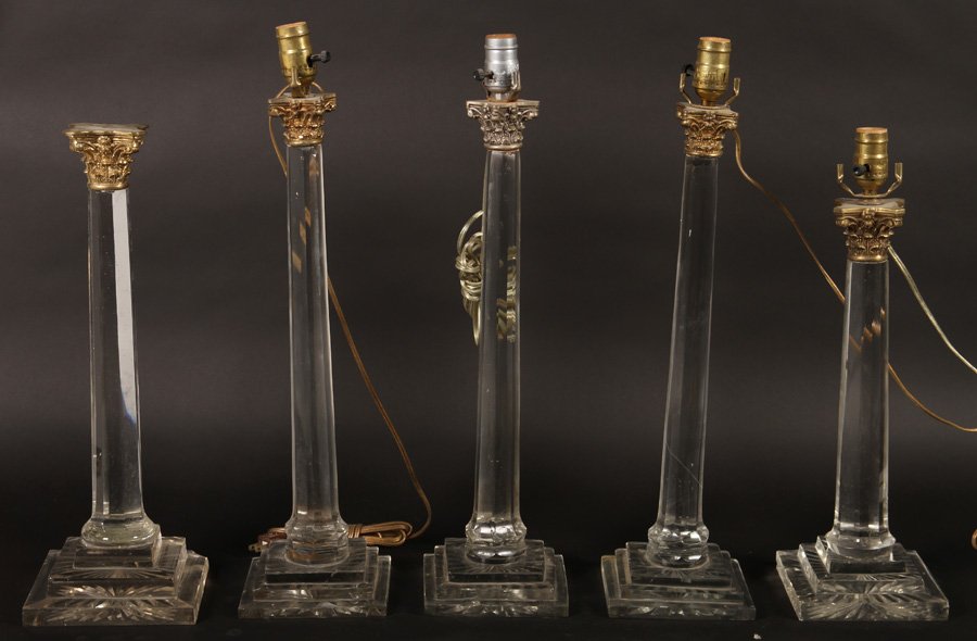 FIVE GLASS CRYSTAL COLUMN FORM TABLE LAMPS (1 of 4)