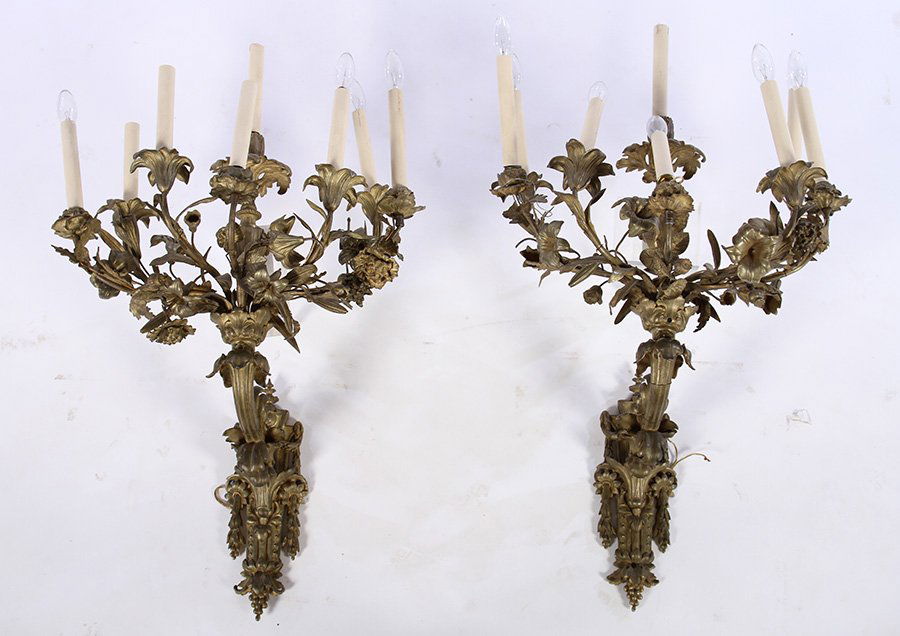 PAIR BRONZE SCONCES 7 ARMS FLORAL DECORATION 1930 (1 of 7)