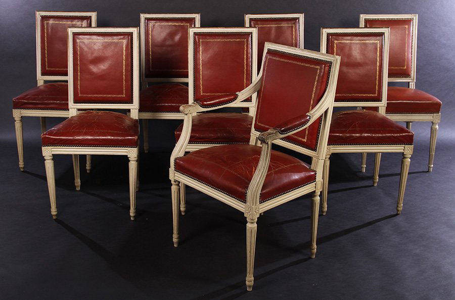 SET 8 LOUIS XVI DINING CHAIRS UPHOLSTERED LEATHER 1940 (1 of 5)