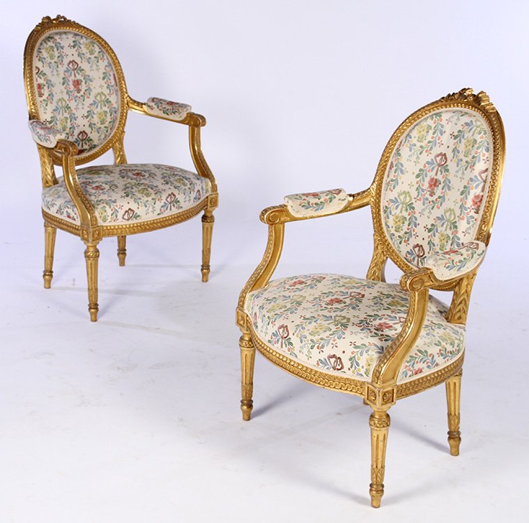 PAIR FRENCH GILT WOOD LOUIS XVI ARMCHAIRS C.1900 (1 of 6)