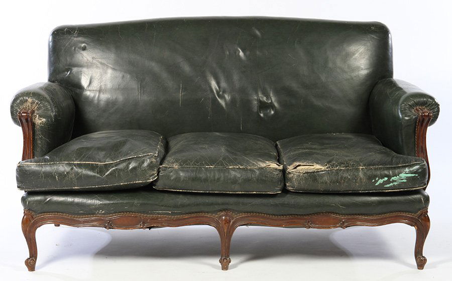 GREEN LEATHER SETTEE 3 LOOSE CUSHION SEAT 1940 (1 of 4)