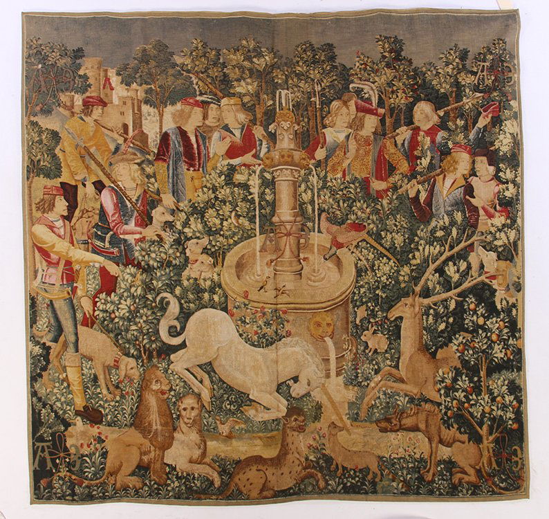 FRENCH PAINTED TAPESTRY LICORNE A LA FONTAINE (1 of 6)