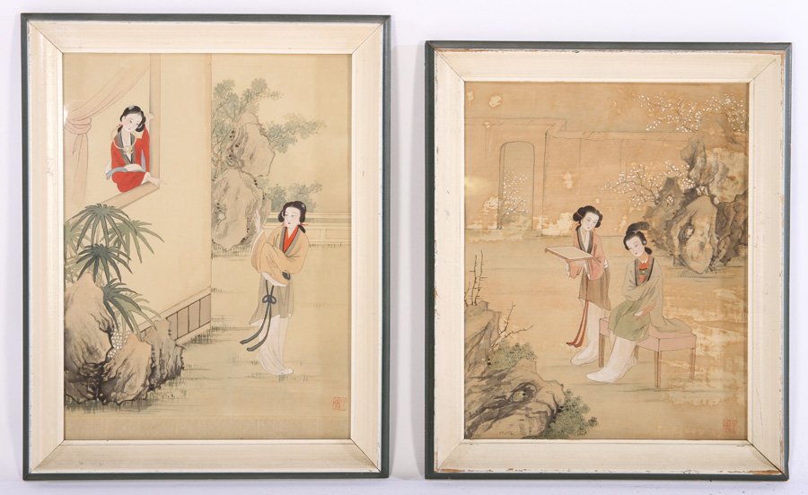 PAIR OF SIGNED MIXED MEDIA DRAWINGS ON SILK (1 of 5)