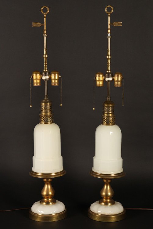 MATCHED PAIR OF BRASS & MILK GLASS LAMPS (1 of 7)