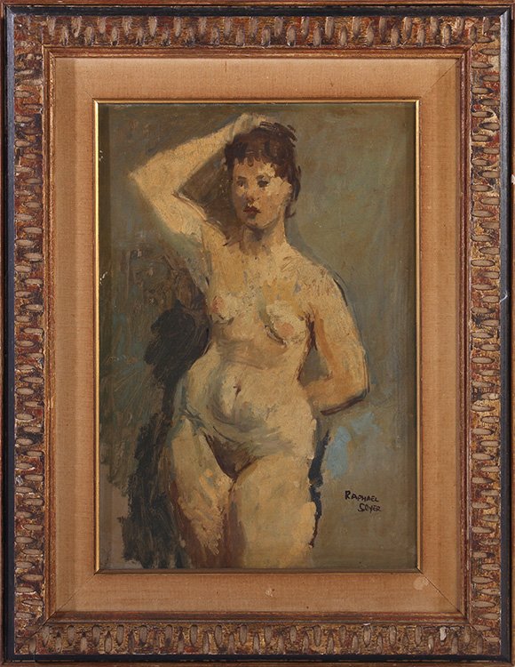 RAPHAEL SOYER FEMALE NUDE OIL ON CANVAS SIGNED: Raphael Soyer (New York, 1899-1987) Standing female nude, oil on canvas board, signed lower right. Ht: 20" Width: 14" (image size) Ht: 28" Width: 22" (framed)