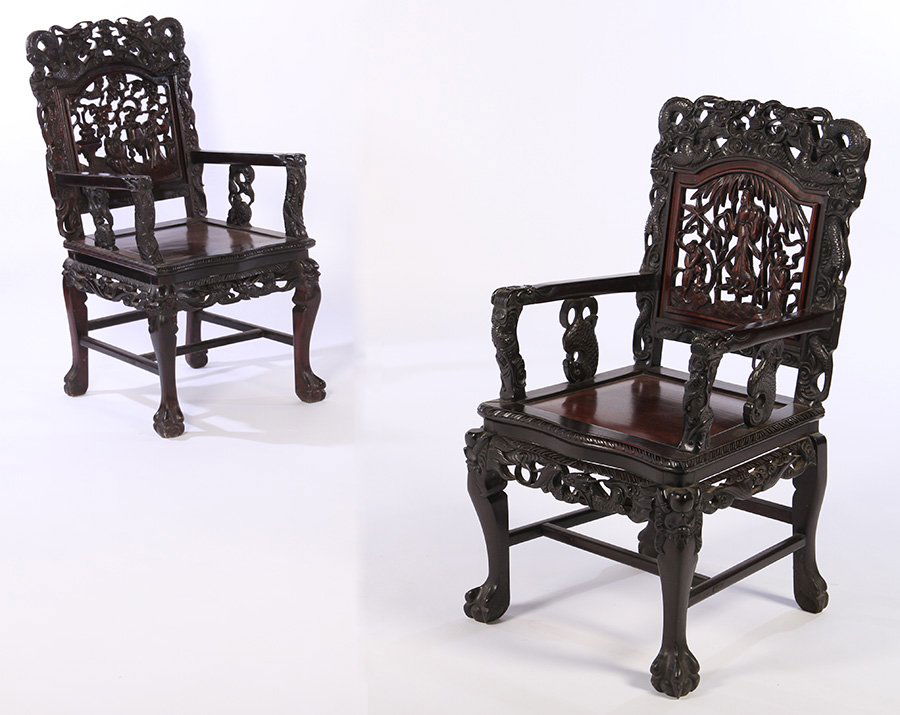 PAIR CHINESE HARDWOOD ARMCHAIRS PLANK SEAT 1870 (1 of 8)