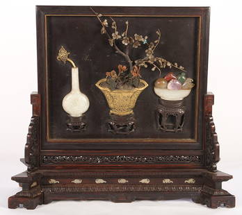 BRONZE WOOD JADE STONE INLAID CHINESE SCREEN 1870: A fine bronze, wood, jade and assorted semi-precious stone inlaid Chinese table screen circa 1870. Having three high relief vases on stands, all atop ornately carved and inlaid base. Ht: 20" Width: