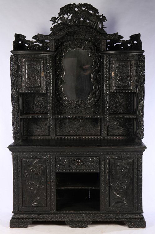 19TH C. JAPANESE ELABORATE CARVED CABINET BIRDS DRAGONS (1 of 6)