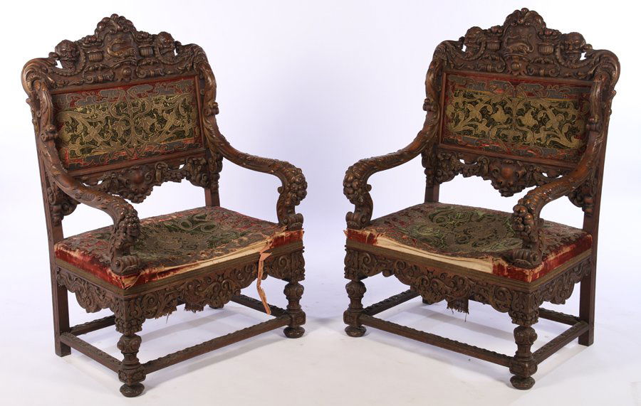 PAIR CARVED WALNUT OVERSCALED ARMCHAIRS C.1860 (1 of 8)