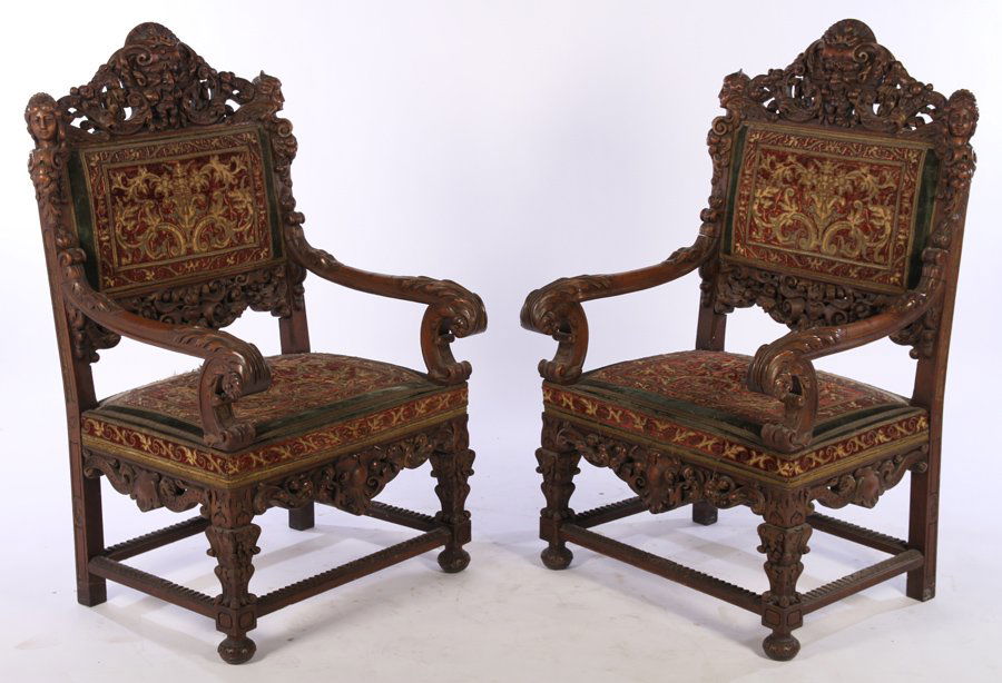 PAIR LATE 19TH C. CARVED WALNUT ARMCHAIRS 1860 (1 of 9)