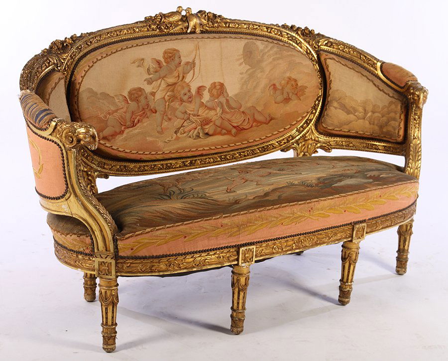 FRENCH AUBUSSON LATE 19TH C. GILT CARVED SETTEE (1 of 6)
