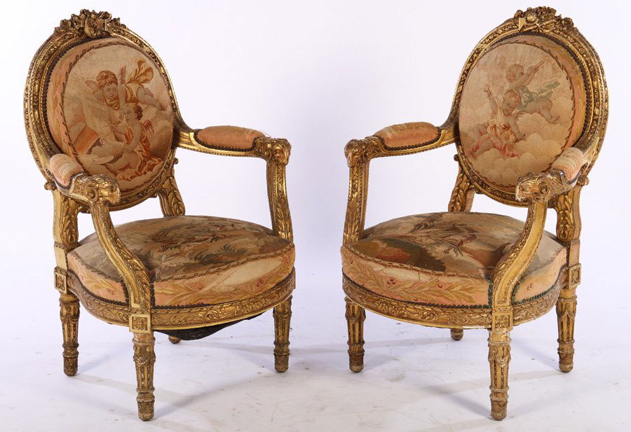 PAIR LATE 19TH C. FRENCH GILTWOOD AUBUSSON ARMCHAIRS (1 of 8)