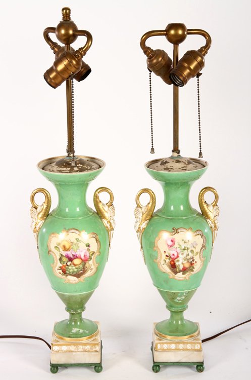 PAIR HAND PAINTED PORCELAIN TABLE LAMPS URN 1930 (1 of 4)