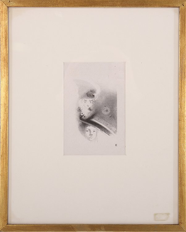 ODILON REDON FRENCH LITHOGRAPH ON PAPER: Odilon Redon (French, 1840-1916) A lithograph on paper. Image measures: 5.75" x 4". Ht: 14.75" Width: 11.75" (Framed) Provenance: From the original collection of the Maybrook mansion in Wynnewood, Pen