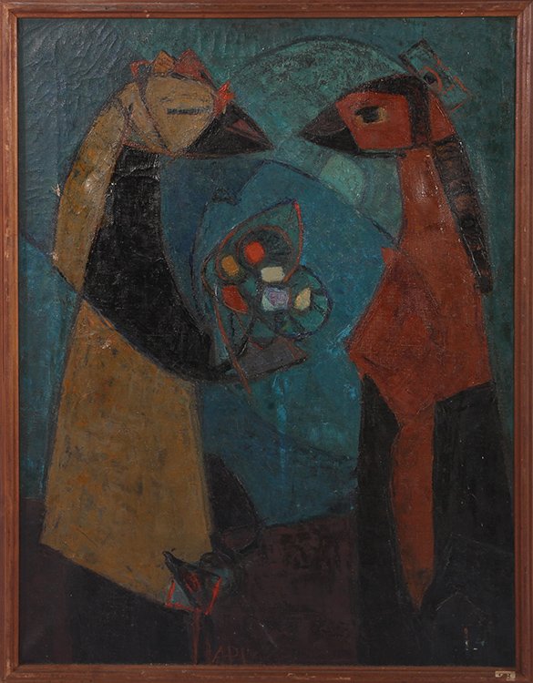 TWO CHICKENS COURTING OIL ON CANVAS SIGNED API (1 of 4)